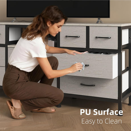 DrawXynth White Dresser for Bedroom with LED Lights and Power Outlets, 55" TV Stand with 10 Drawers & Open Shelves, Fabric Chest of Drawers with PU Finish, Metal Frame, Wood Top (Greige) DrawXynth