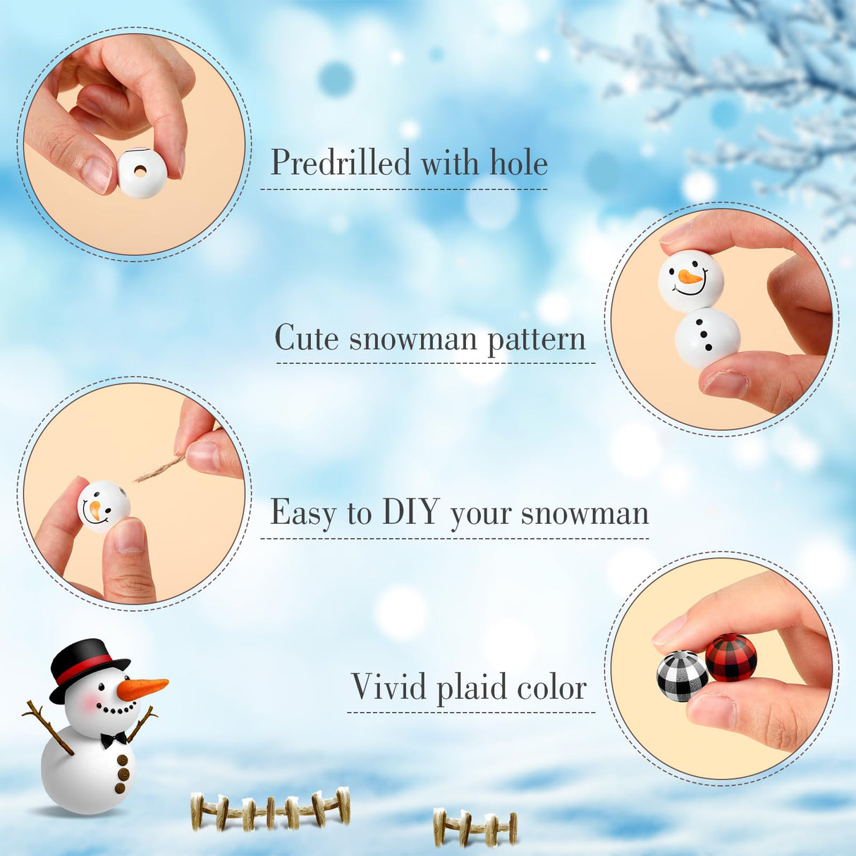 Landical 180 Piece DIY Christmas Snowman Wooden Bead Crafts Christmas DIY Ornaments Red Black Buffalo Plaid Wood Round Bead Xmas Print Wooden Beads with Twine Scarf for Crafts Landical