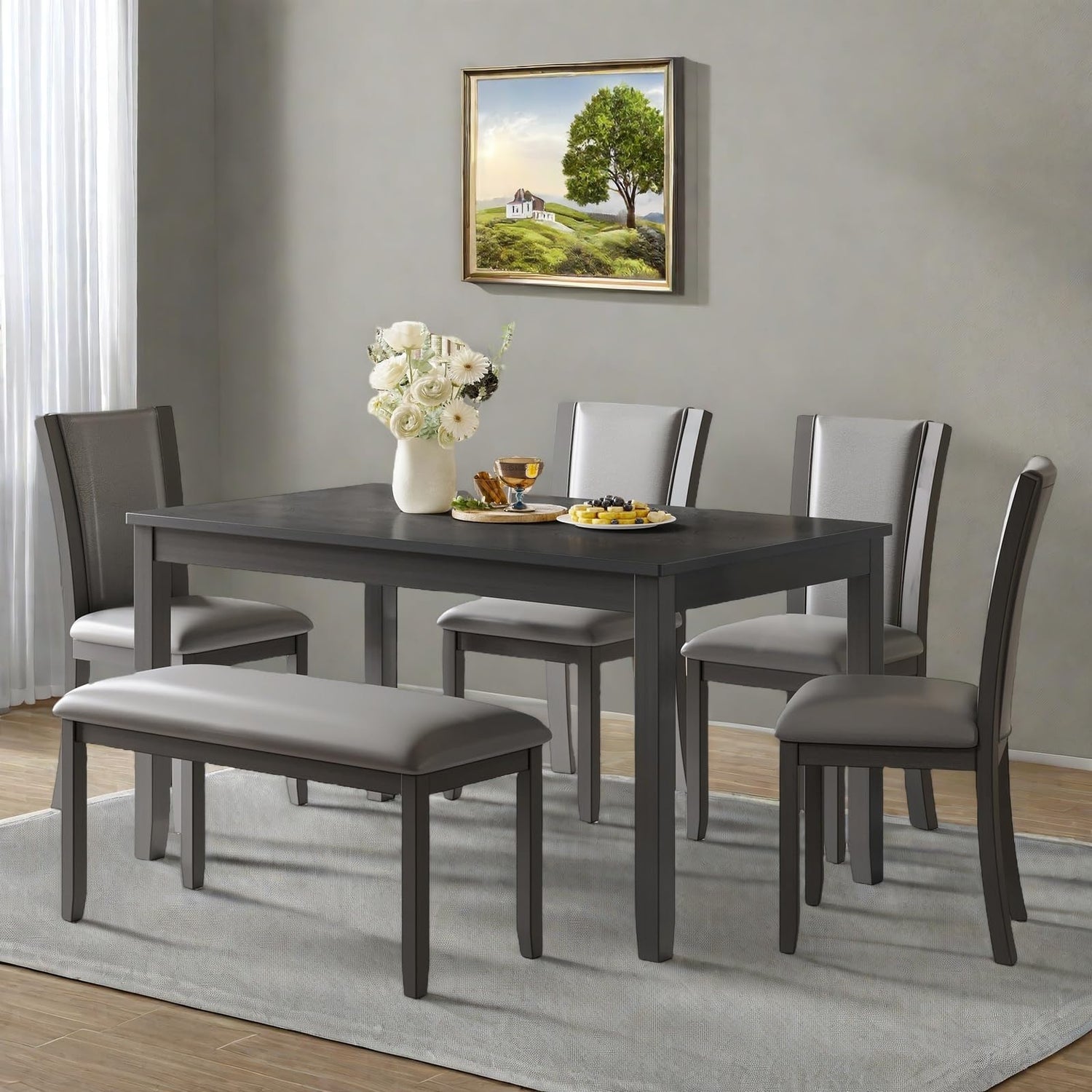 Trygoal Dining Table Set for 6, Farmhouse 6 Piece Dining Room Table Set with Rectangular Table, 4 Upholstered Backrest Chairs and Bench, Counter Height Kitchen Sets with Warm Woodgrain Finish, Gray Trygoal