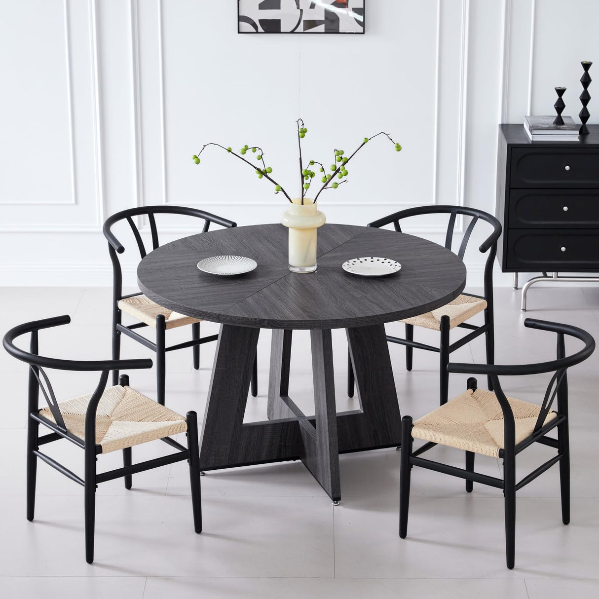 Lecafur HL Wishbone Dining Chairs Set of 6 Metal Mid Century Modern Weave Kitchen Chairs, Black Finish Lecafur HL
