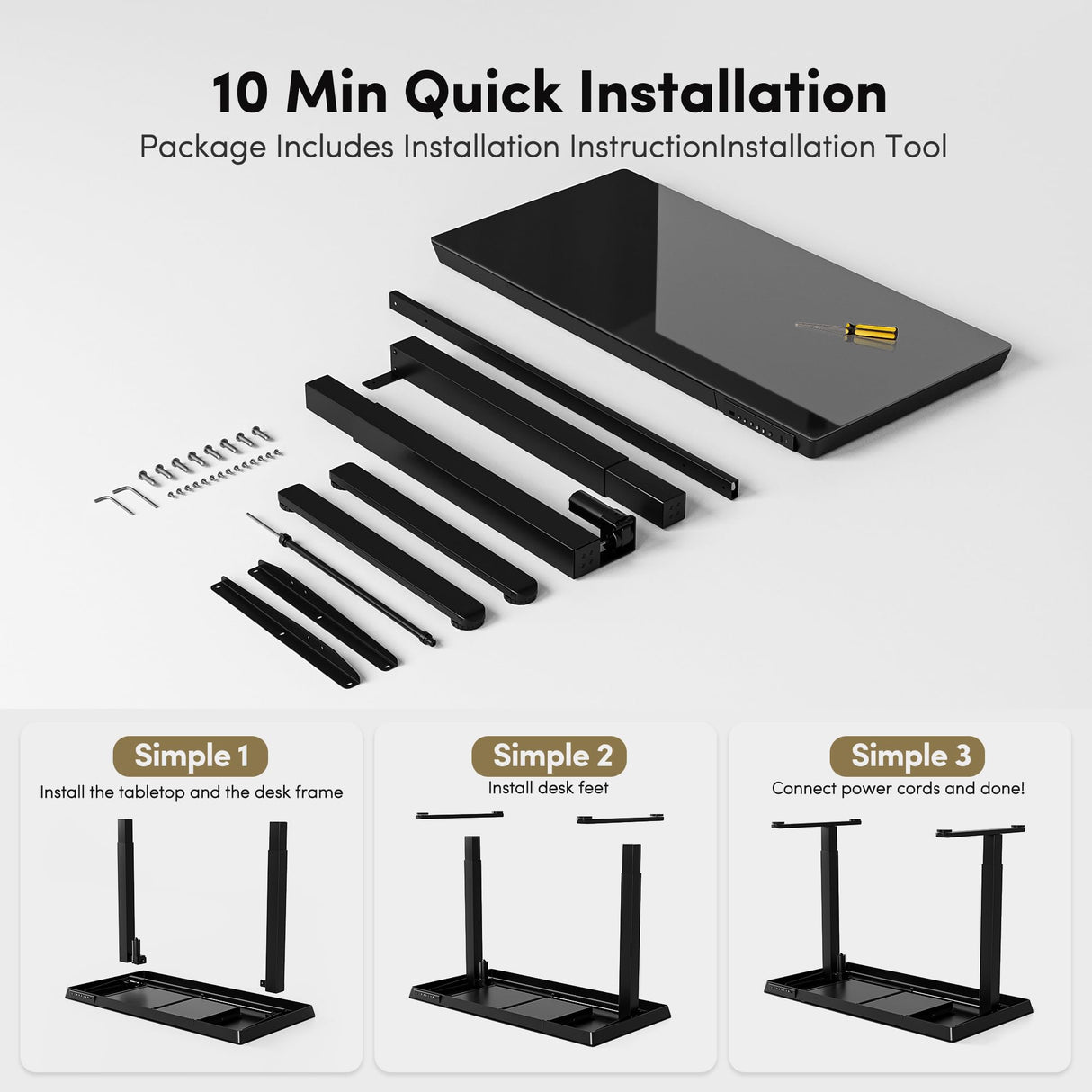 BANTI Electric Standing Desk with Drawers, 48 inch Whole-Piece Glass Desktop, Height Adjustable Stand up Sit Stand Home Office Ergonomic Workstation, Black Tabletop BANTI