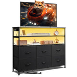 WLIVE Led Dresser TV Stand for Bedroom, Entertainment Center with LED Lights and Power Outlet, 6 Drawer Drawer Dressers with Double Open Shelves, Black TV Stands WLIVE