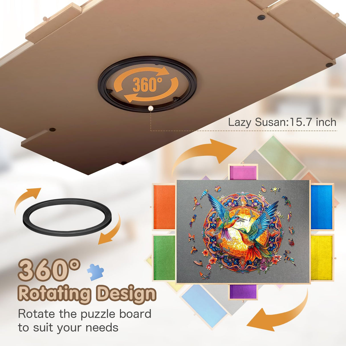1500 Piece Rotating Wooden Puzzle Board with 6 Drawers & Cover,35” X 26” Jigsaw Puzzle Table Portable Wooden Puzzle Tables Gifts for Women Men Kids QUNPON
