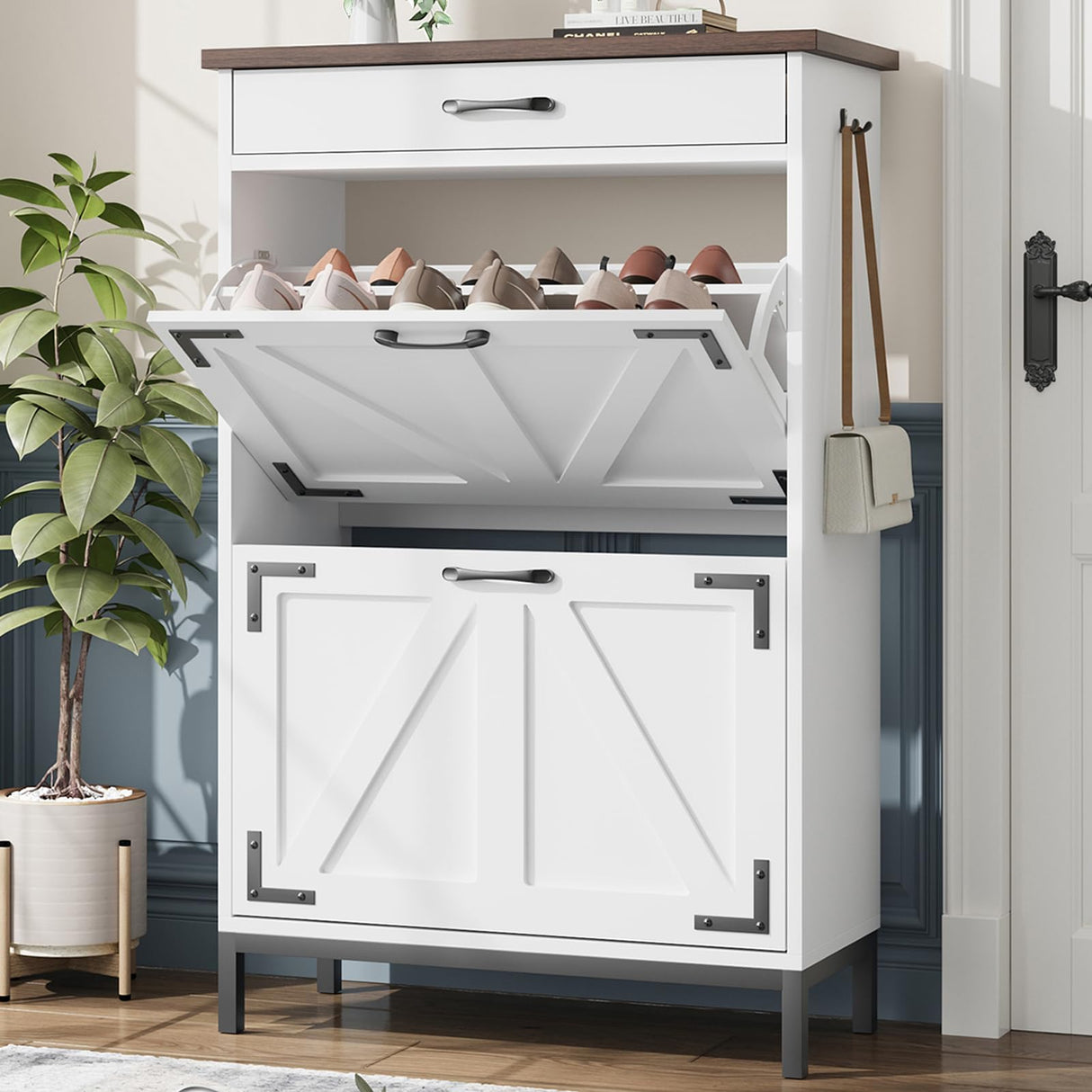 Shoe Cabinet Storage for Entryway Hidden Shoes Storage Cabinet Farmhouse Narrow Shoe Organizer Cabinet with 2 Flip Drawers, Free Standing Slim Shoe Cabinet for Door Entry, Foyer, Hallway, White Jocoevol