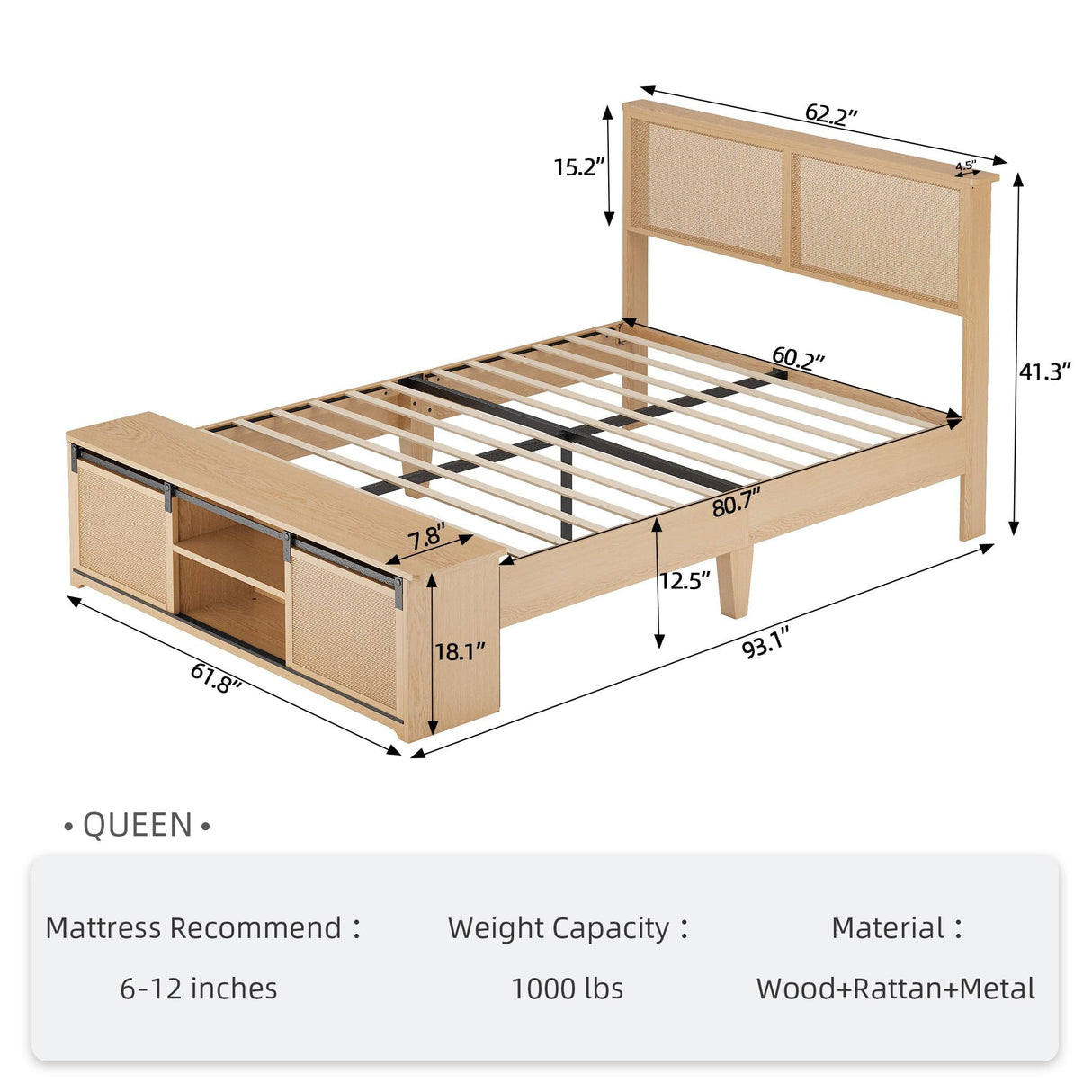 GarveeHome Natural Rattan Queen Size Bed Frame with Sliding Barn Door Storage Cabinets and LED Light Headboard, Boho Farmhouse Wood Platform Bed with Solid Wood Legs Support, No Box Spring Needed GarveeHome
