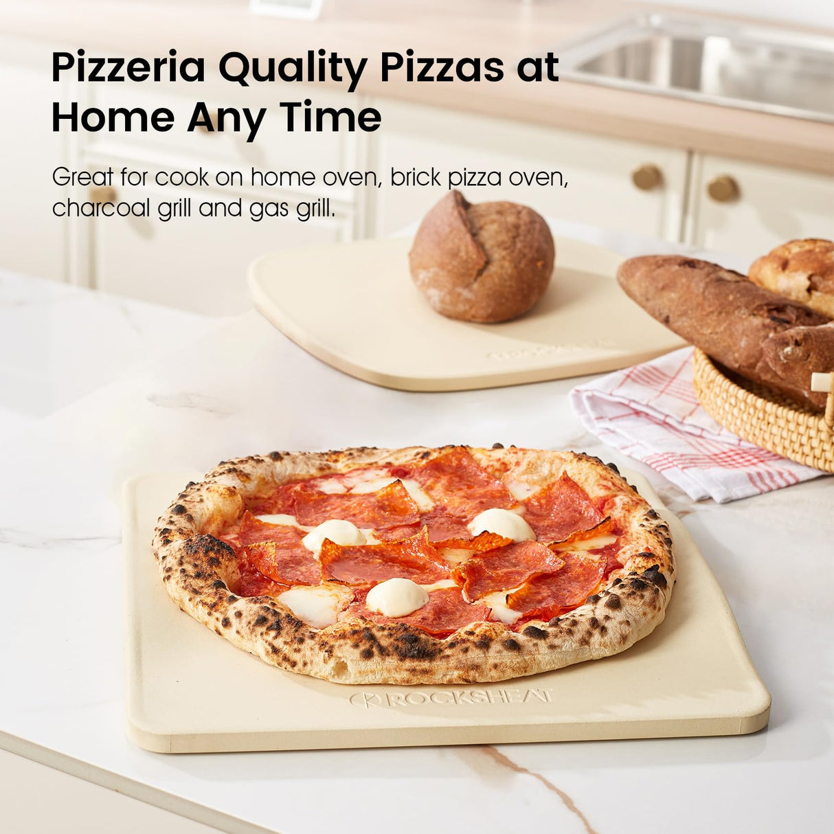 ROCKSHEAT Pizza Stone, 12"x11" Rectangular Pizza Stones for Oven Grill BBQ, Cordierite Baking Stone for Pizza Bread Pie with Unique 2 Handles Design ROCKSHEAT