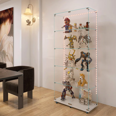 Fetuero Glass Display Cabinet,5 Shelves Double Door LED Lights Curio Cabinet for Collection with Wheels, 74.8" High Glass Display Case for Living Room Bedroom Playroom Office,White Fetuero