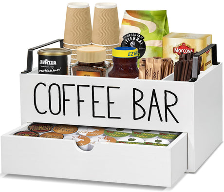 Coffee Station Organizer with Drawer, Wooden Coffee Bar Accessories Organizer for Counter, Farmhouse Kcup Coffee Pod Holder Storage Box with Handle, Coffee Bar Organizer Station for Coffee Bar Decor Lzhevsk