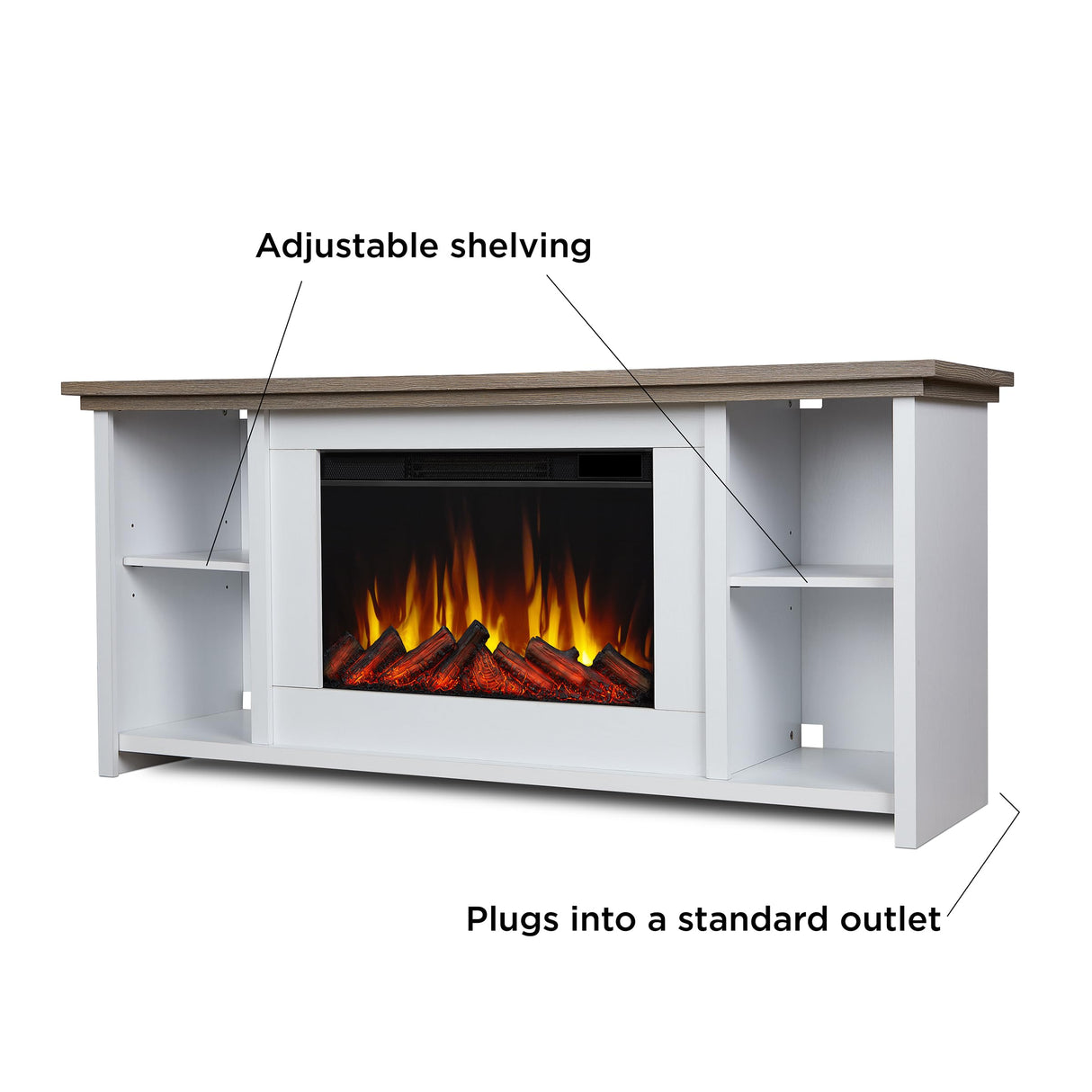 Real Flame Tramore 62" Slim Electric Fireplace TV Stand for TVs up to 60 inches, Entertainment center with adjustable shelves and storage, TV Stand for Living Room and Bedroom, Remote control, White Real Flame