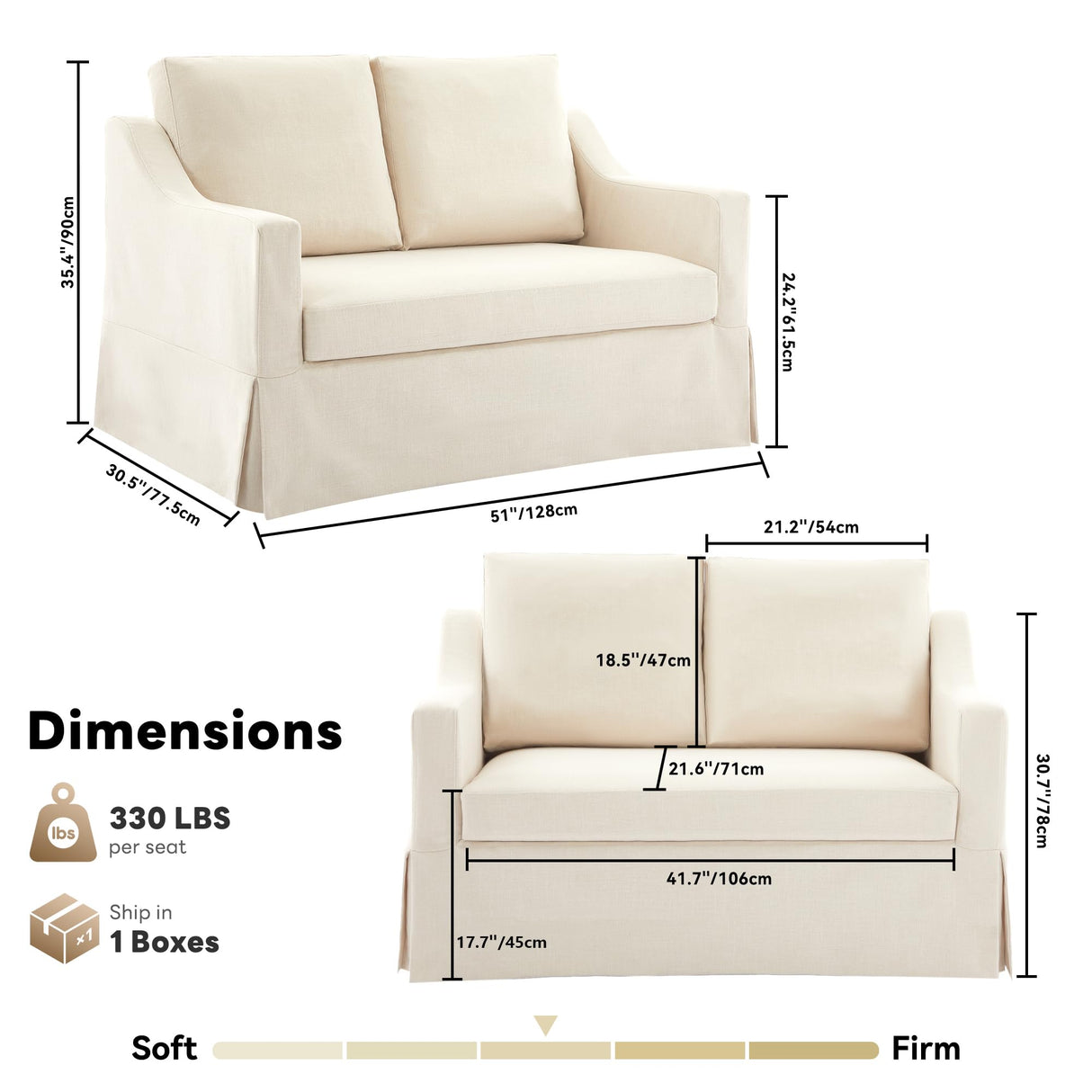 Tbfit 51" Loveseat Couch, Slipcovered Sofa, Small Sofas with Removable Cover, Pocket Spring Cushion, Mini Couches, Living Room Furniture for Home, Apartment, Farmhouse, Beige Tbfit