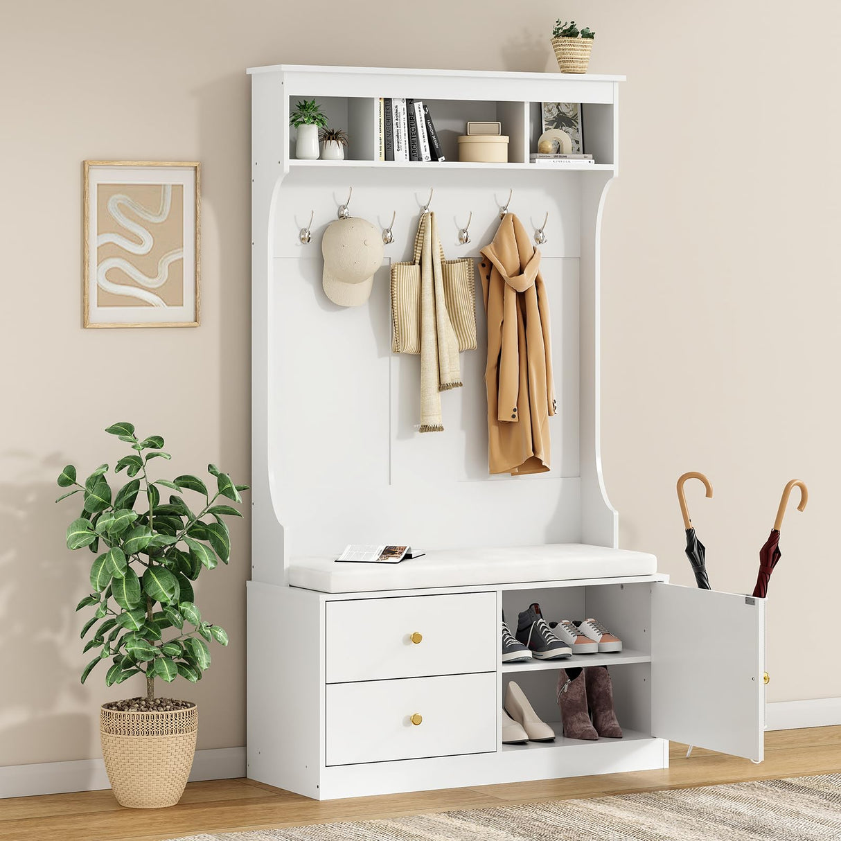 Soohow Hall Tree with Bench and Shoe Storage, Mud Room Bench with Storage and Seating, Hall Tree with Shoe Storage with 7 Hooks, 6-in-1 Farmhouse Hall Tree with Bench for Entryway, 70.9", White Soohow