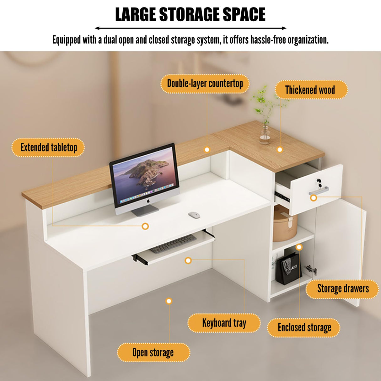 Reception Desk with Counter Modern, 35.4-118.1'', Solid Wood Ecological Board, Large Storage Space,Lockable Storage Drawers, for Salons, Offices, Lobbies, Retail Stores and Home Offices EQWZUPD