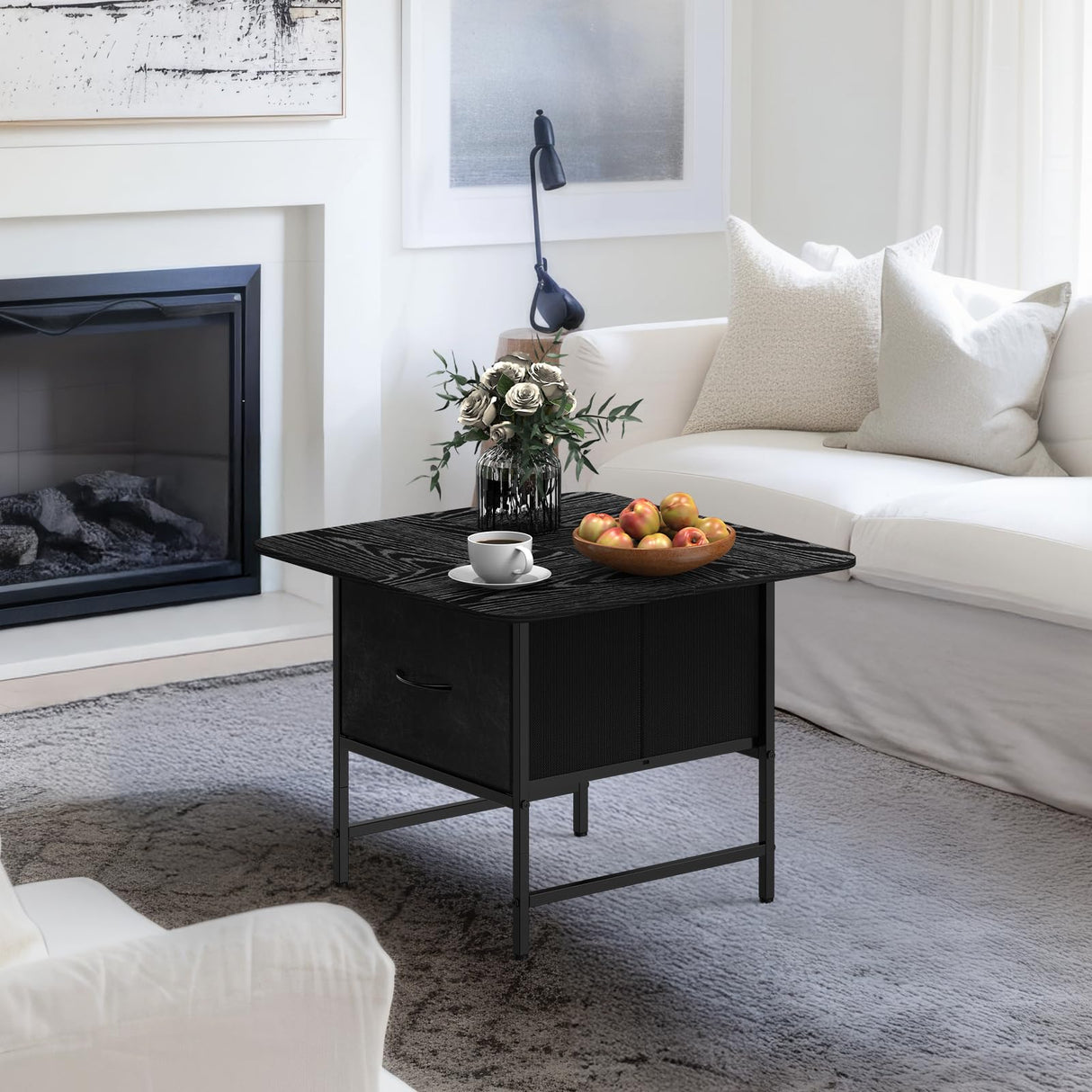 Shinoske Square Coffee Table with Storage Drawer,Small Black Coffee Tables for Living Room,2-Tier Farmhouse Center Table with Round Corners for Small Space,Apartment,Office Shinoske