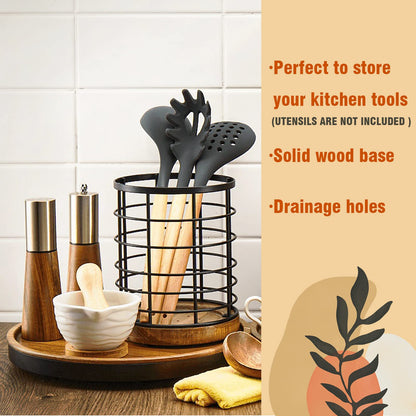 WILDMOS Utensil Holder for Kitchen Counter,Black Wire with Wooden Base Countertop Utensil Holder, Large Wooden Cooking Utensil Holder, Kitchen Utensil Organizer.