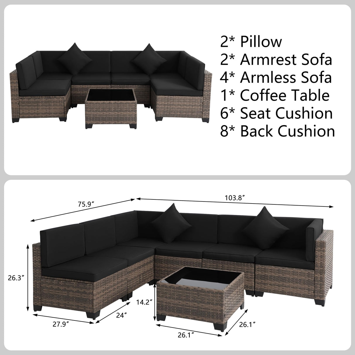 KIGOTY 7 Pieces Modular Outdoor Sectional Sofa, Wicker Patio Conversation Set, All-Weather PE Rattan Sectional Sofa with Cushions and Glass Coffee Table (Black Cushions, Brown Rattan) KIGOTY