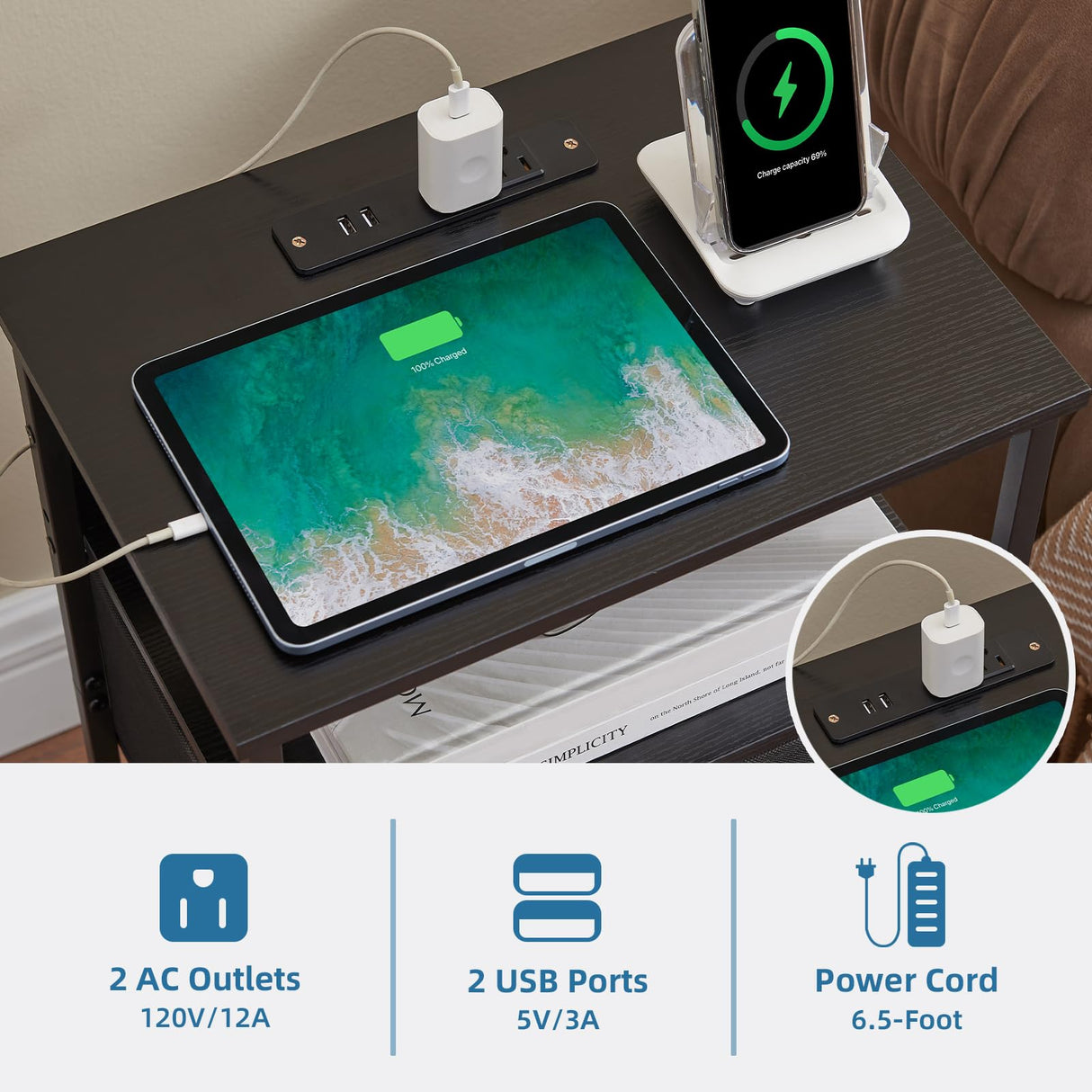 Somdot Black Nightstand with Charging Station and LED Light for Bedroom, Bedside Table End Table for Dorm Guest Room Bedside Kids Laundry Closet Entryway Hallway, Black Somdot