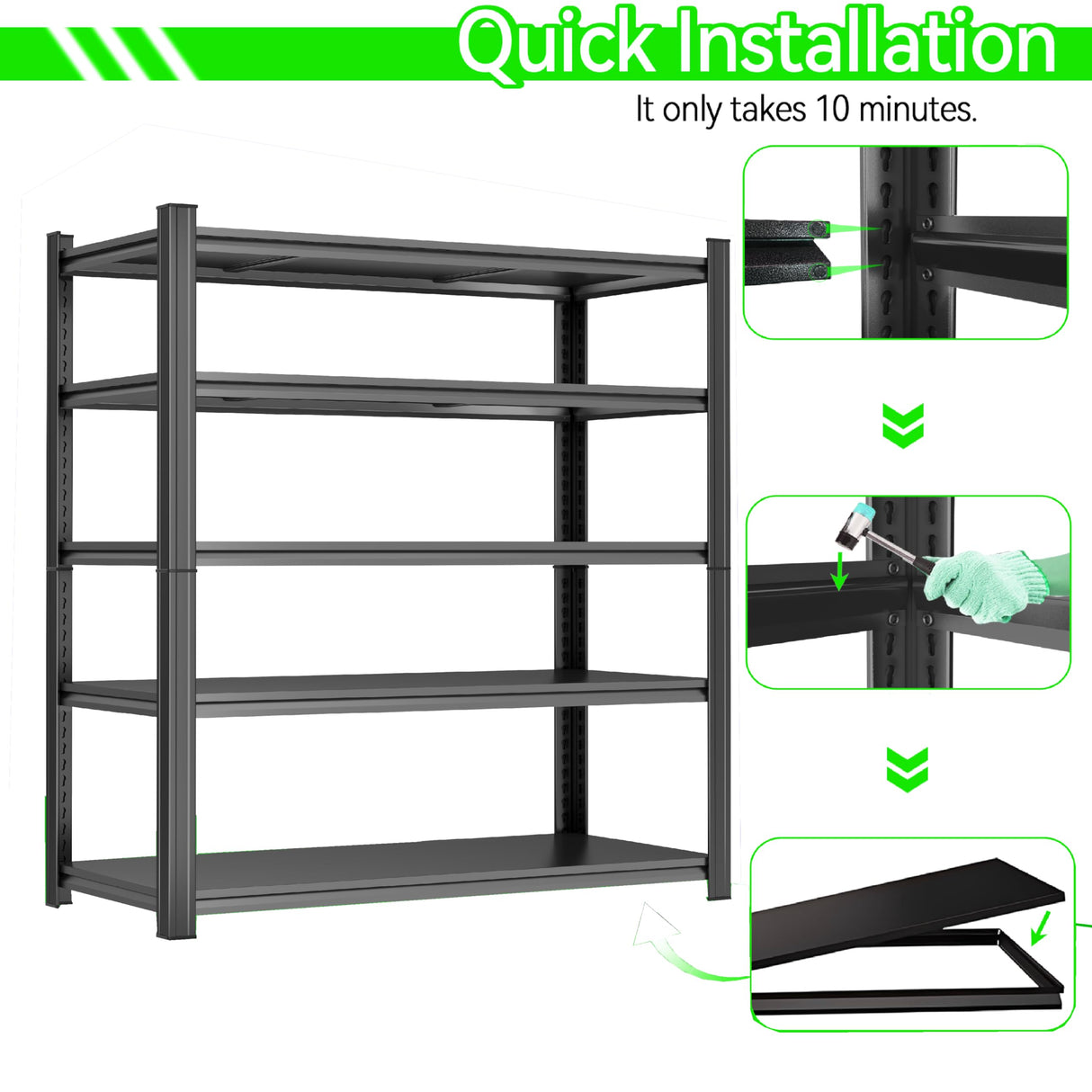 63"H Heavy Duty Garage Shelving Unit – 3000 lbs 5-Tier Adjustable Metal Storage Rack, Tool-Free Assembly, Rustproof Steel Organizer for Basement, Pantry, Warehouse, 45"W × 17.7"D × 63"H PRESTELION