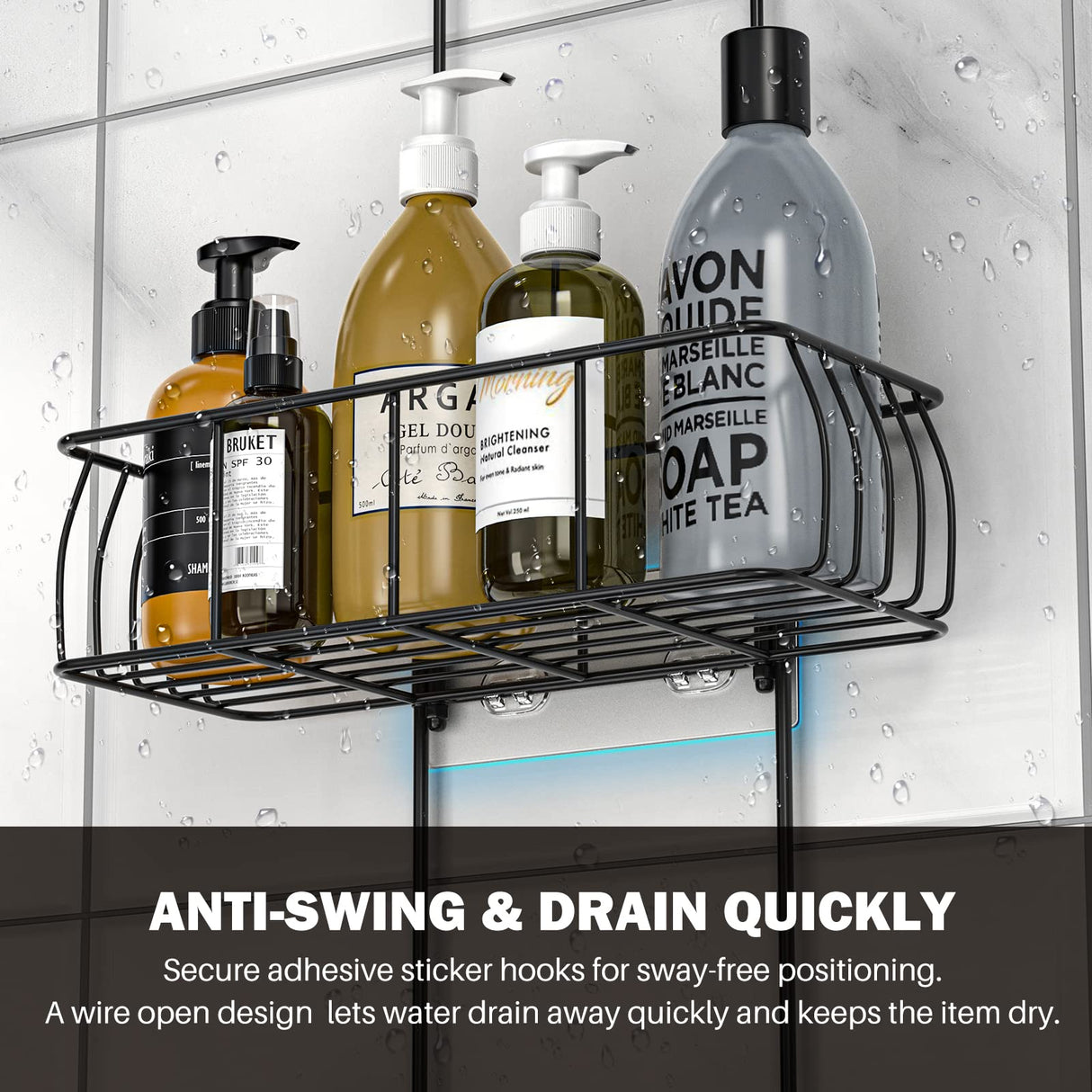 Epicano Shower Caddy Hanging, Anti-Swing Over Head Shower Caddy Rustproof with Hooks for Towels, Sponge and More, Matte Black Epicano