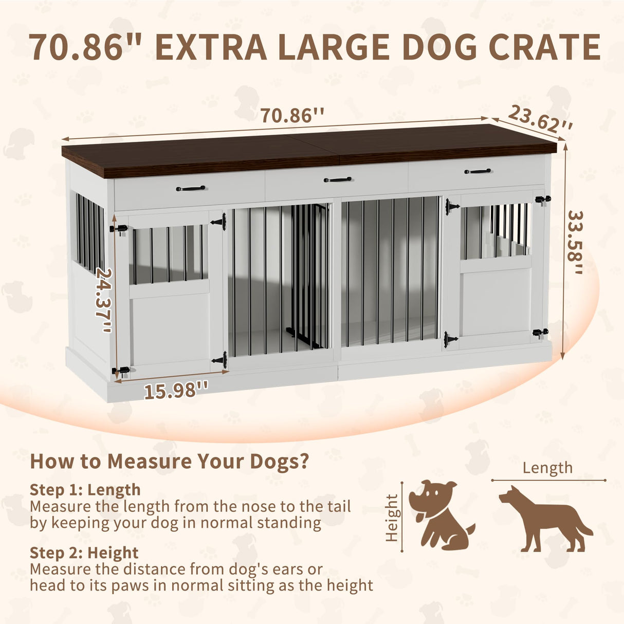 71" Dog Crate Furniture, Large Wood Double Dog Kennel Furniture with 3 Drawers, Crate Furniture Large Breed, Crates for 2 Dogs Furniture - White NBEETISM