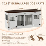 71" Dog Crate Furniture, Large Wood Double Dog Kennel Furniture with 3 Drawers, Crate Furniture Large Breed, Crates for 2 Dogs Furniture - White NBEETISM