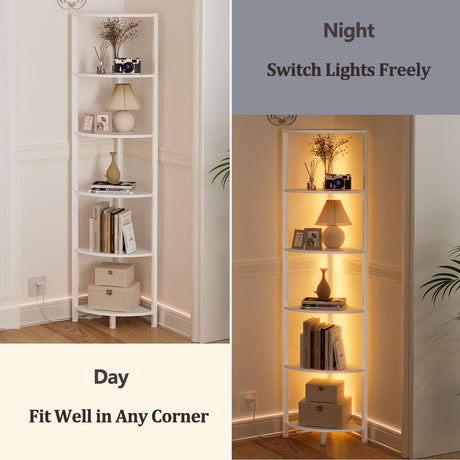 Furnulem 6 Tier Corner Shelf with LED Light, 67.5” Tall Standing Shelf Organizer, White Narrow Bookshelf with Storage Rack for Wall Corner, Living Room, Bedroom, Metal Frame, Wood Display Shelf Furnulem