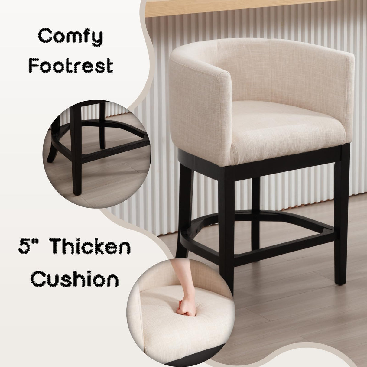 RIVOVA Farmhouse Bar Stools Set of 2-26" Counter Height Linen Upholstered Barstools with Barrel Back & Footrest, Sturdy Black Wood Frame Kitchen Island Stools for Indoor/Outdoor/Club, Beige RIVOVA
