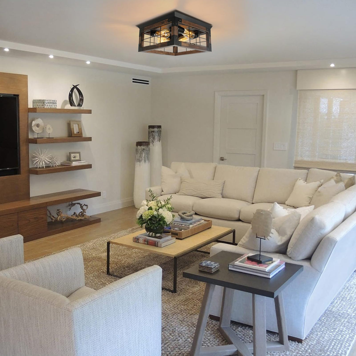 Farmhouse Flush Mount Ceiling Light, 4-Lights Rustic Wood Square Ceiling Light Fixture Kitchen Light Fixture, Farmhouse Light Fixtures for Dining Room Kitchen Livingroom Bedroom Porch JWLUYN