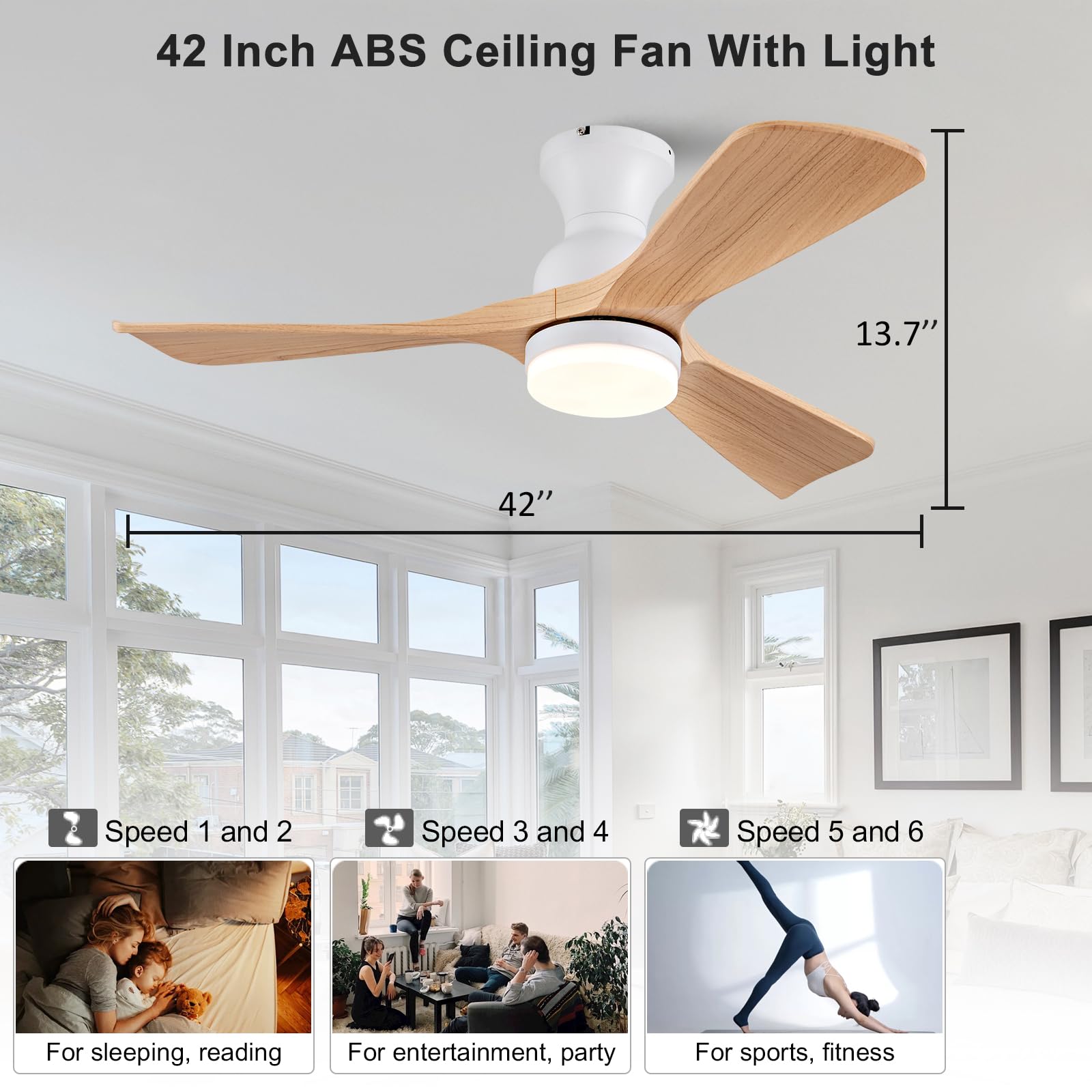 OMYU 42 inch Flush Mount Ceiling Fans with Lights, Quiet Reversible DC Motor, High Hardness Moisture-Proof Blades, Modern Low Profile Ceiling Fan with Light for Outdoor Indoor Farmhouse - WoodArtSupply