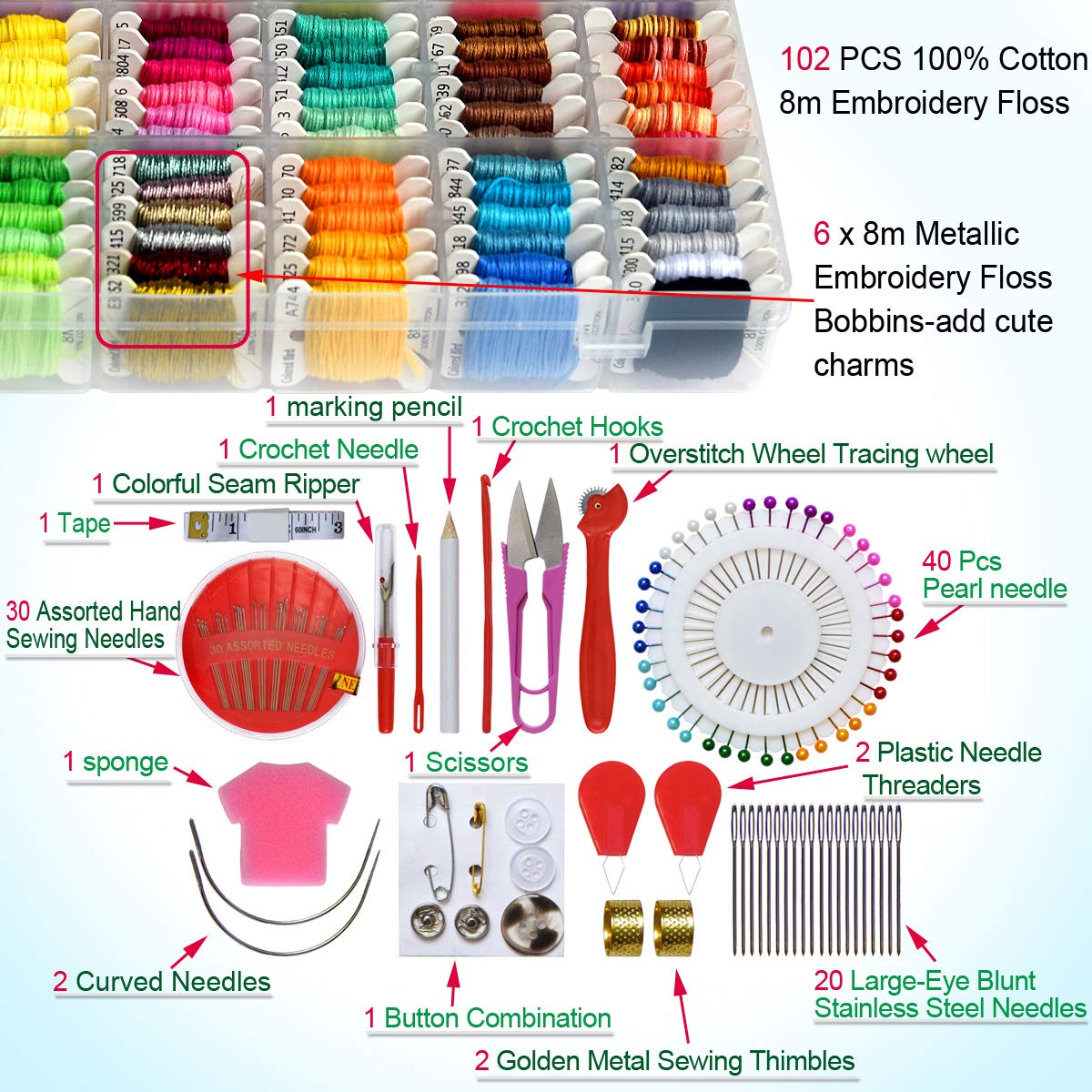 Embroidery Floss Cross Stitch Threads String Kits with Organizer Storage Box Included 108pcs Colorful Friendship Bracelets Floss with Number Stickers&Floss Bobbins &110 Pcs Cross Stitch Tool Kits LE PAON