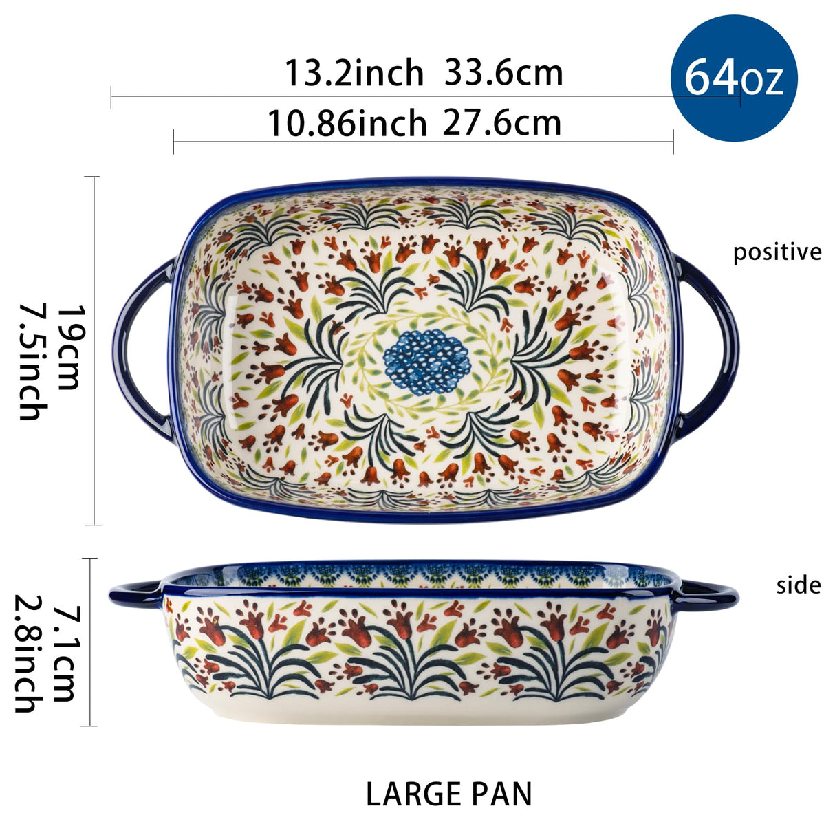 ONECCI Ceramic Rectangular Baking Dishes - 2pc Blue Casserole Set for Oven, Lasagna Pans ONECCI