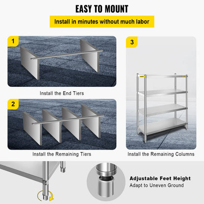 VBENLEM Stainless Steel Shelving 46.8x18.5 Inch 4 Tier Adjustable Shelf Storage Unit Stainless Steel Heavy Duty Shelving for Kitchen Commercial Office Garage Storage 330lb Per Shelf