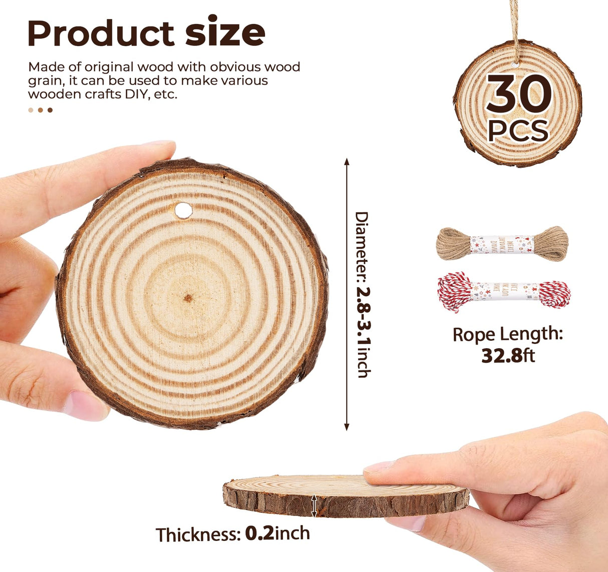 ilauke Wood Slices, 30 Pcs 2.7"-3.1" Natural Wood Slices with Predrilled Hole, Unfinished Wood with Bark, Wooden Circles for Crafts and Paint DIY Ornaments Christmas Crafts Arts Wedding Decor ilauke