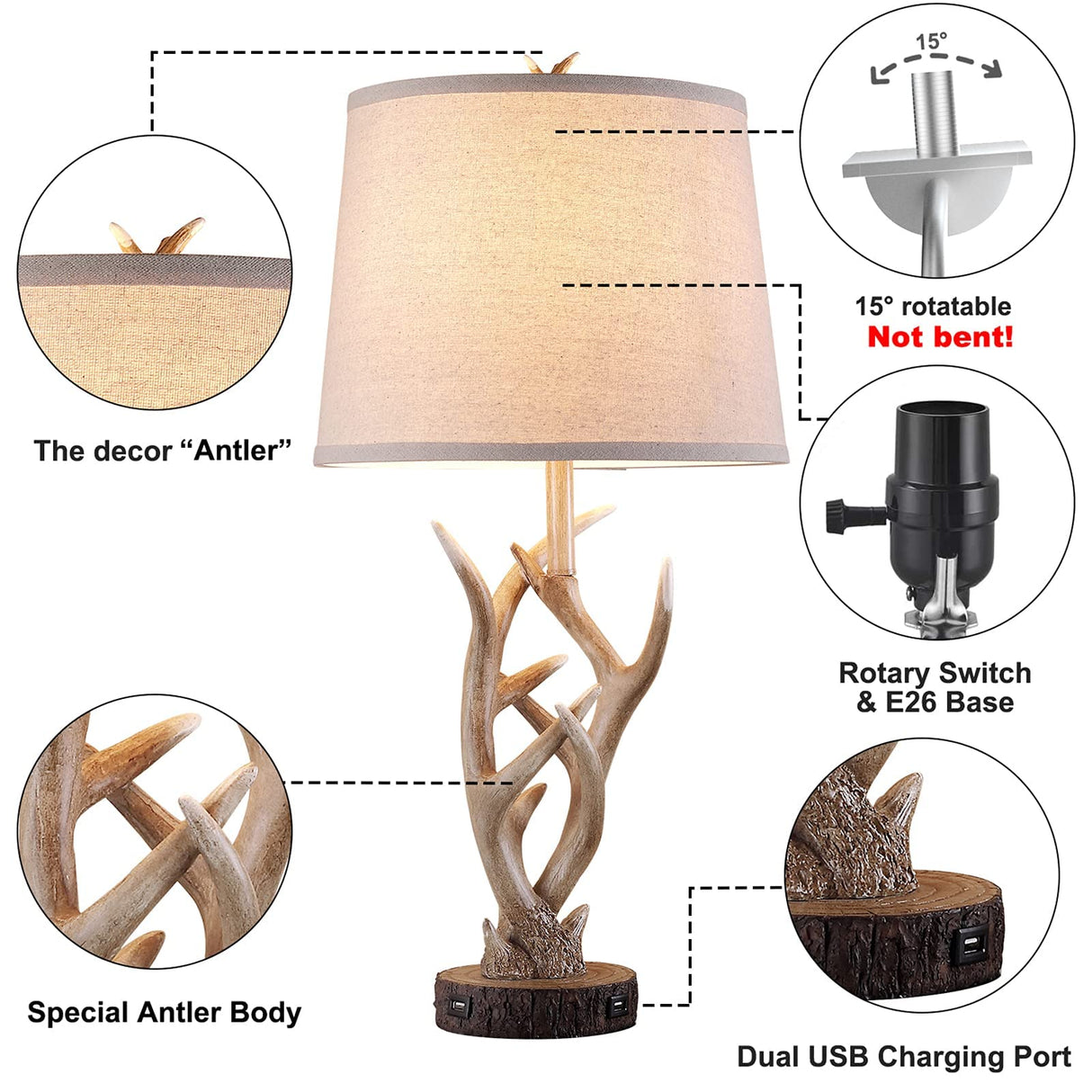 Dungoo Rustic Western Lamp Set of 2 - 26" Farmhouse Table Lamp with 2 USB Ports, Natural Antler Design for Bedroom, Living Room, Office (Rustic Brown) Dungoo