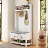 WOODTIME Hall Tree with Bench and Shoe Storage, Multi-Purpose Entryway Bench with Coat Rack, Padded Seat Cushion, 4 Double Hooks, Open Shelves and 2 Drawers, White WOODTIME