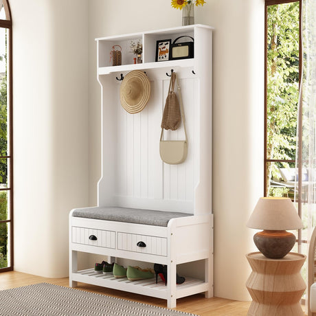 WOODTIME Hall Tree with Bench and Shoe Storage, Multi-Purpose Entryway Bench with Coat Rack, Padded Seat Cushion, 4 Double Hooks, Open Shelves and 2 Drawers, White WOODTIME