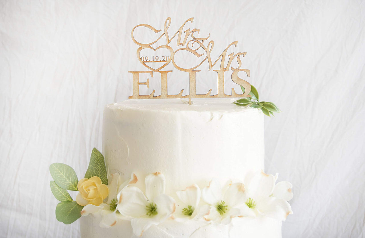 Personalized Wedding Cake Topper | Wooden Cake Topper | Mr Mrs Heart Customized Wedding Date And Last Name designLEE Studio