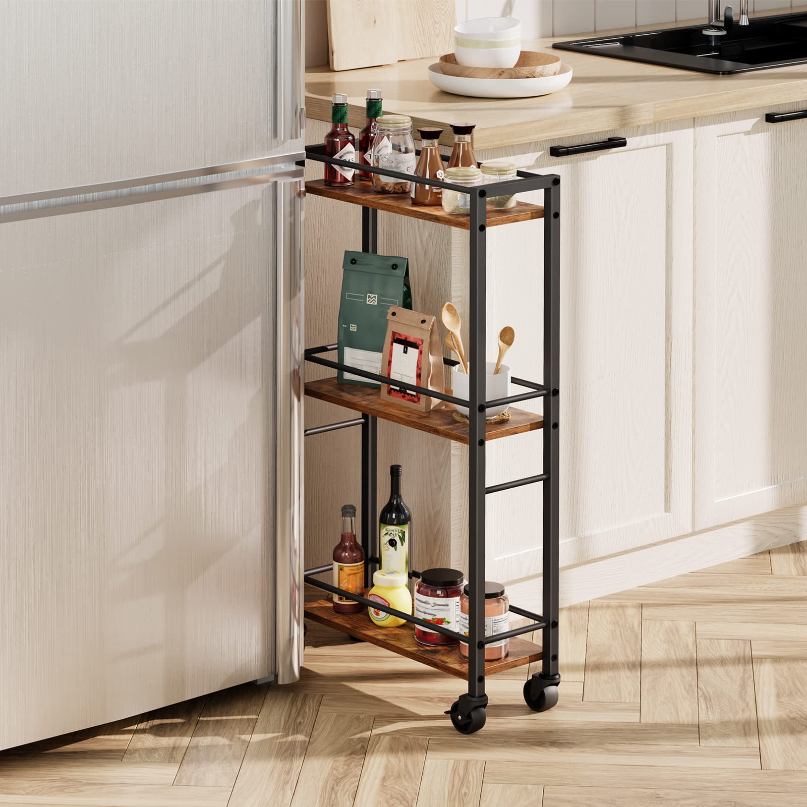 MAHANCRIS Slim Rolling Cart, Mobile Kitchen Cart on Wheels, Narrow Storage Cart for Small Space, Wooden Service Cart, for Bathroom, Laundry, Living Room, Rustic Brown RCHR1501Z - WoodArtSupply