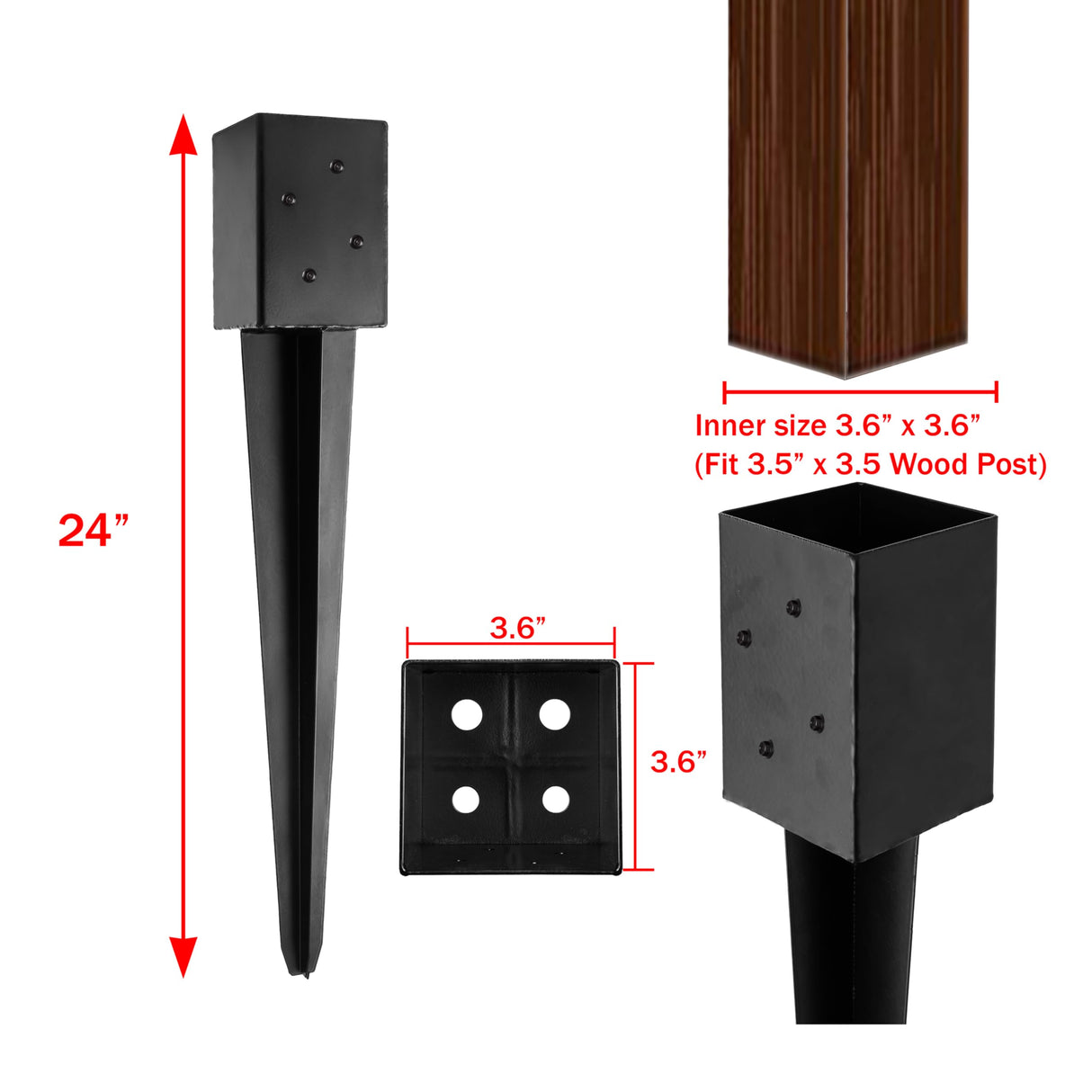 LADECH 4x4 Fence Post Anchor - 24' Black Powder Coated Metal Ground Spike - Mailbox Post Anchor - 8 Pack LADECH