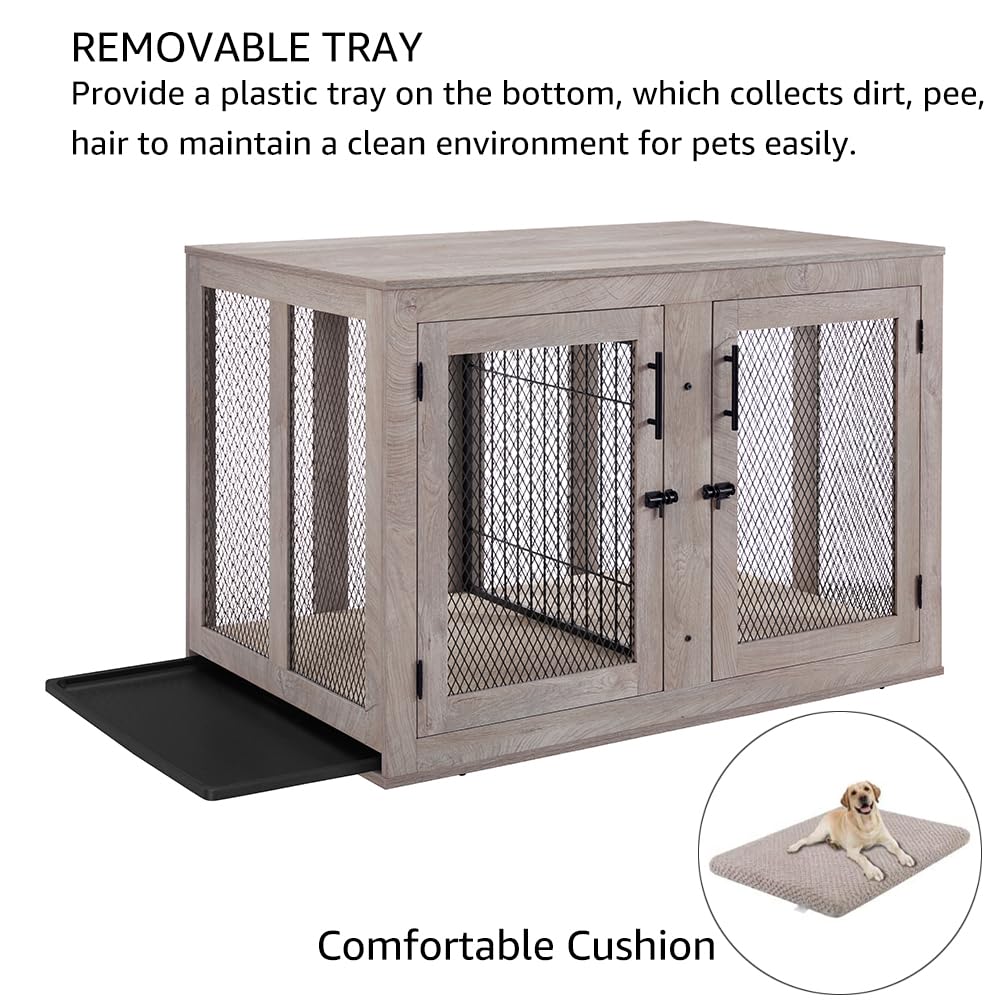 unipaws Extra Large Dog Crate Furniture with Divider for 2 Dogs, Wooden Dog Kennel for XLarge Breed, Indoor Decorative XL Wood Dog Cage, Inside Side End Table Crate with Tray, for Dogs Up to  - WoodArtSupply