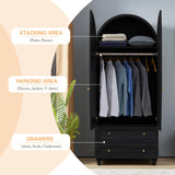 YUCHIATH Arched Armoire Wardrobe Closet with 2 Rattan Doors, Wooden Wardrobe Closet with 2 Drawers, 74.8 "H Bedroom Armoires with Hanging Rod (Black) YUCHIATH