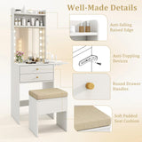 LDAILY Small Vanity Desk with Mirror and Lights, Modern Slim 3 in 1 Vanity Desk with Charging Station and Foldable Side Table, Compact Vanity with Hidden Chair and 2 Drawers for Bedroom (White) LDAILY
