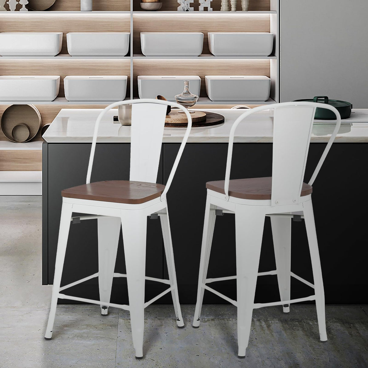 Athena Collection 24.5'' Counter Height Chairs High Back Bar Stools Set of 2, Farmhouse Wooden Seat Metal Frame Barstools Bar Dining Chairs with Footrest for Pub, Bistro, Kitchen, White Athena Collection