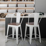 Athena Collection 24.5'' Counter Height Chairs High Back Bar Stools Set of 2, Farmhouse Wooden Seat Metal Frame Barstools Bar Dining Chairs with Footrest for Pub, Bistro, Kitchen, White Athena Collection