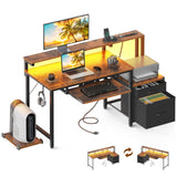 AODK 48" Computer Desk with Fabric File Cabinet and Drawer, Reversible Office Desk with Power Outlet and LED Light, Study Desk with Printer Stand, Keyboard Tray, Monitor Riser and PC Stand, Vintage AODK