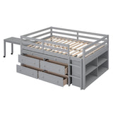 Kids Full Low Loft Bed with Storage, Full Size Loft Bed with Portable Desk and 4 Drawers, Wood Full Loft Bed with Shelves, Modern Farmhouse Junior Loft Bed for Kids Boys Girls, Gray Harper & Bright Designs