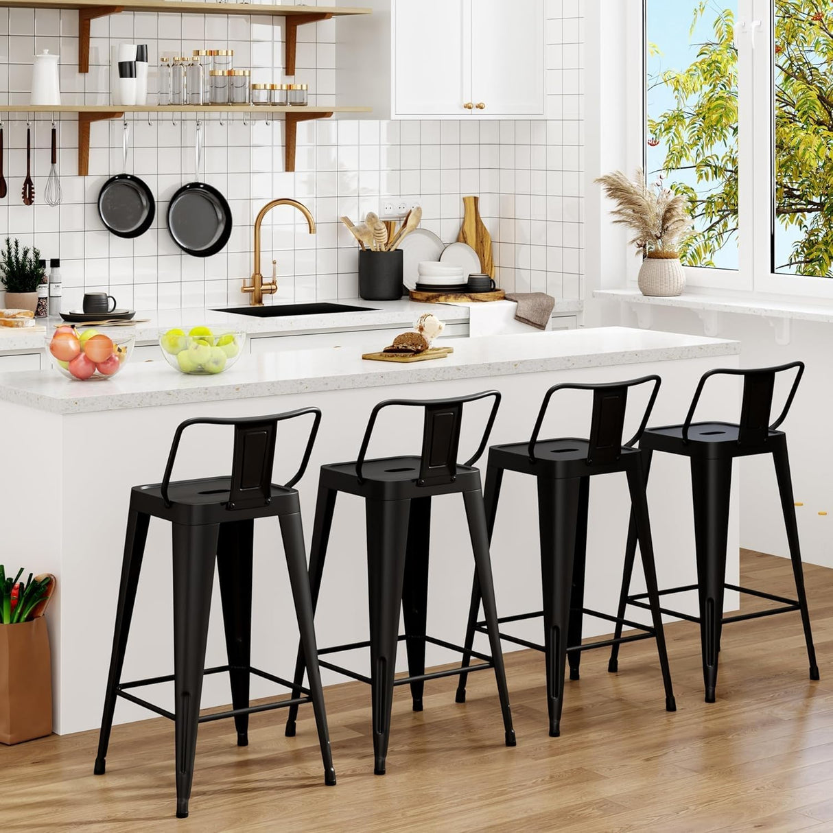 Arlunar home Metal Bar Stools Set of 4 Barstools Indoor/Outdoor Counter Height Bar Stools Bar Chairswith Back Counter Height for Kitchen Island Dining Room (Black, 26inch) Arlunar home
