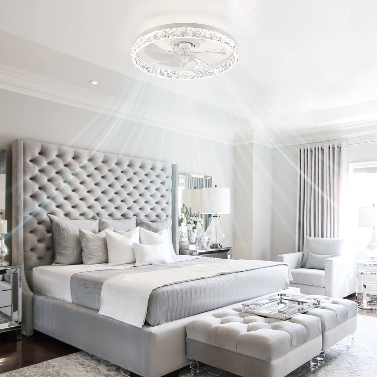 LEDIARY 20" Modern Ceiling Fans with Lights and Remote, Dimmable Low Profile Ceiling Fan, Flush Mount Ceiling Fan, Stepless Color Temperature Change and 6 Speeds - White LEDIARY