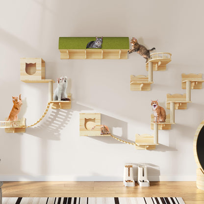 YITAHOME Cat Wall Shelves and Perches for Wall, Solid Wood Wall Mounted Cat Furniture 18 Piece Set, Cat Climbing Shelves Playground Scratching Post with 6 Steps Indoor Mounted Condos House