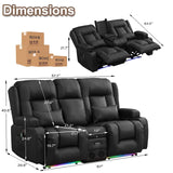 TUNYI Power Recliner Chair with Massage & Heat, Faux Leather Recliner Sofa Chair with LED Light, Home Recliner Theater Seating with USB Port/Lumbar Pillow/Cup Holder/Side Pocket (Black, Loveseat) TUNYI