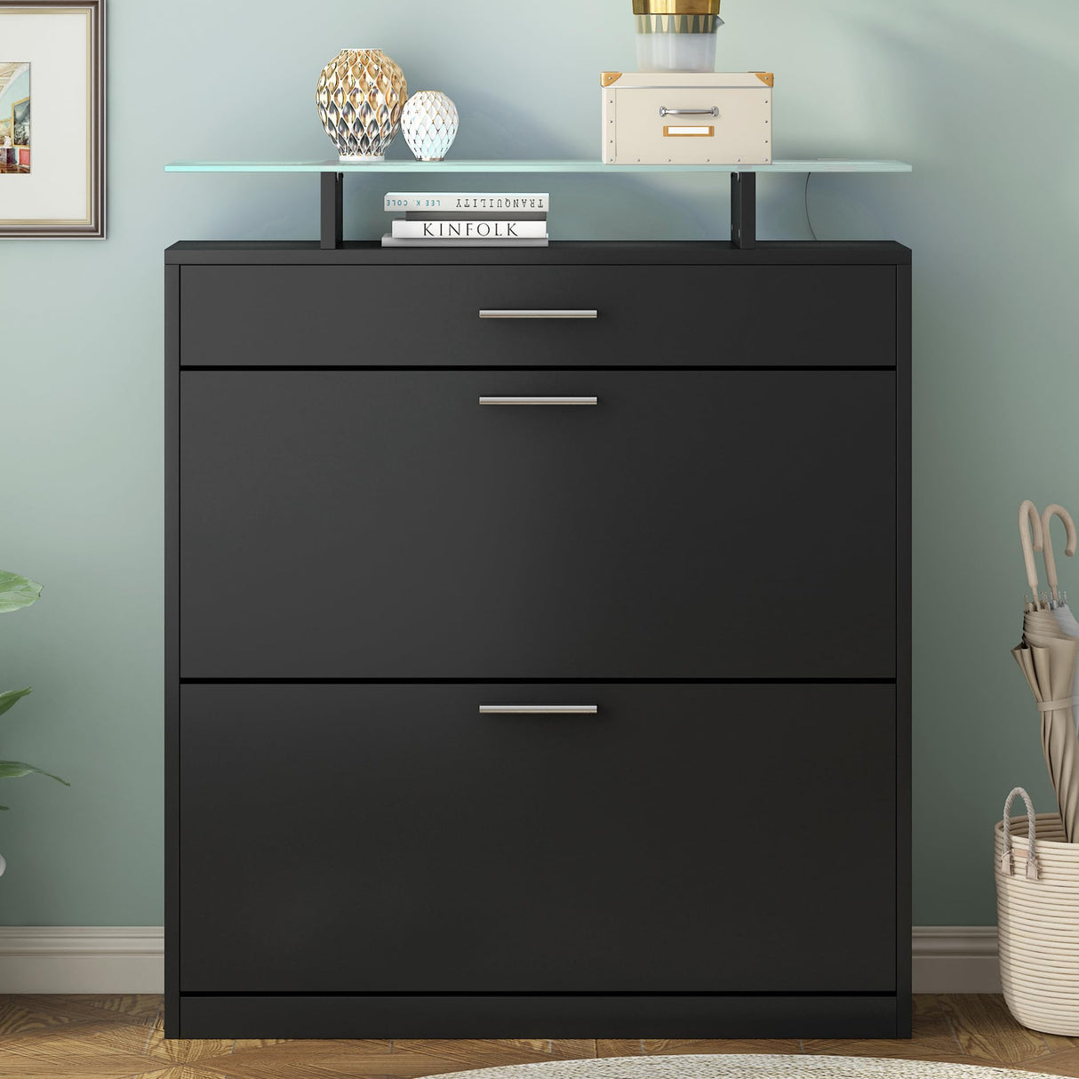 Harper & Bright Designs Slim Entryway Organizer with 2 Flip Drawers, Tempered Glass Top Shoe Storage Cabinet with Drawer, Free Standing Shoe Rack with LED Light for Hallway, Black Harper & Bright Designs